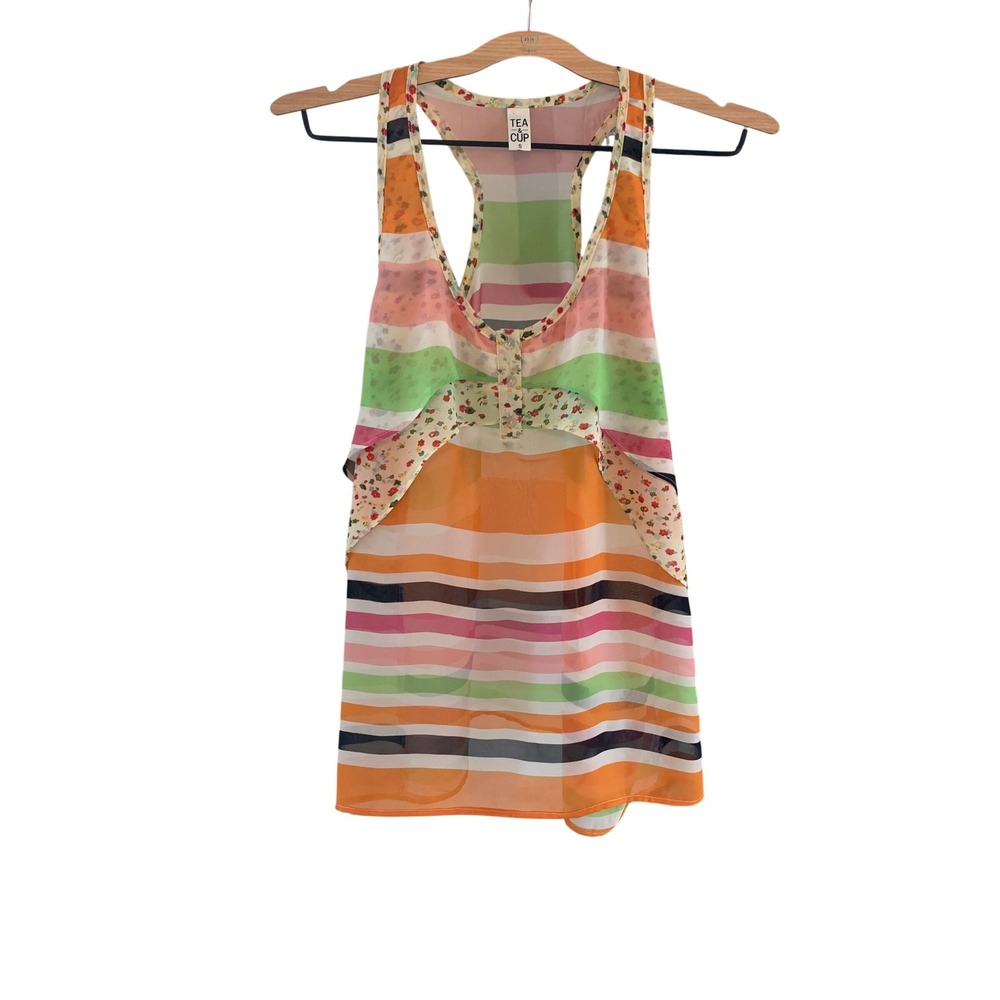 Tea & Cup Striped Racer Back Tank Top Floral Trim Sleeveless‎ Casual Blouse SM
